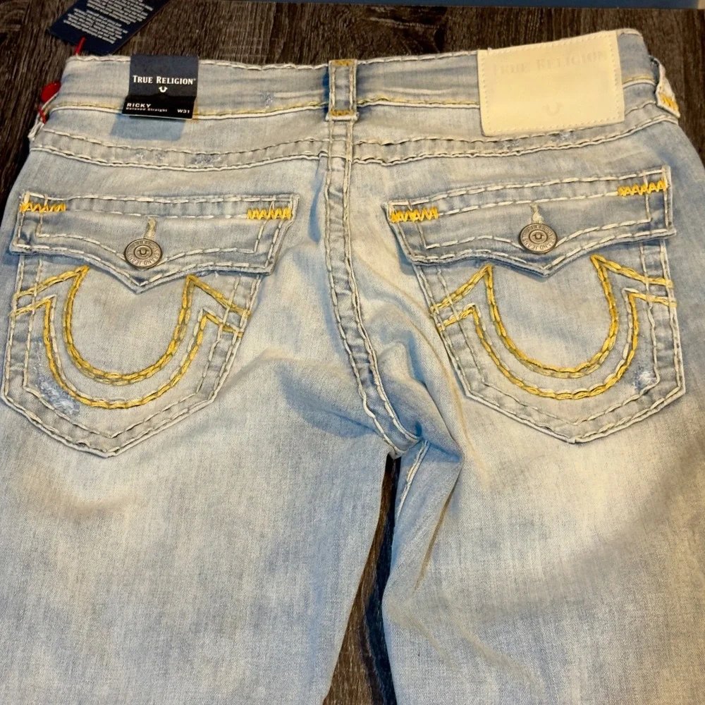 NWT True Religion Ricky Super T Flap Jeans Size‎ 31 Light Wash Distressed $299